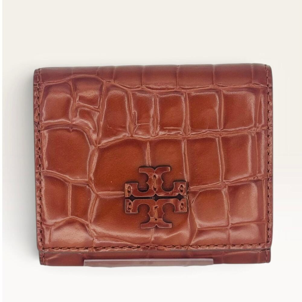 RARE $235 Tory Burch Britten Embossed Crocodile Bifold wallet Amber Brown